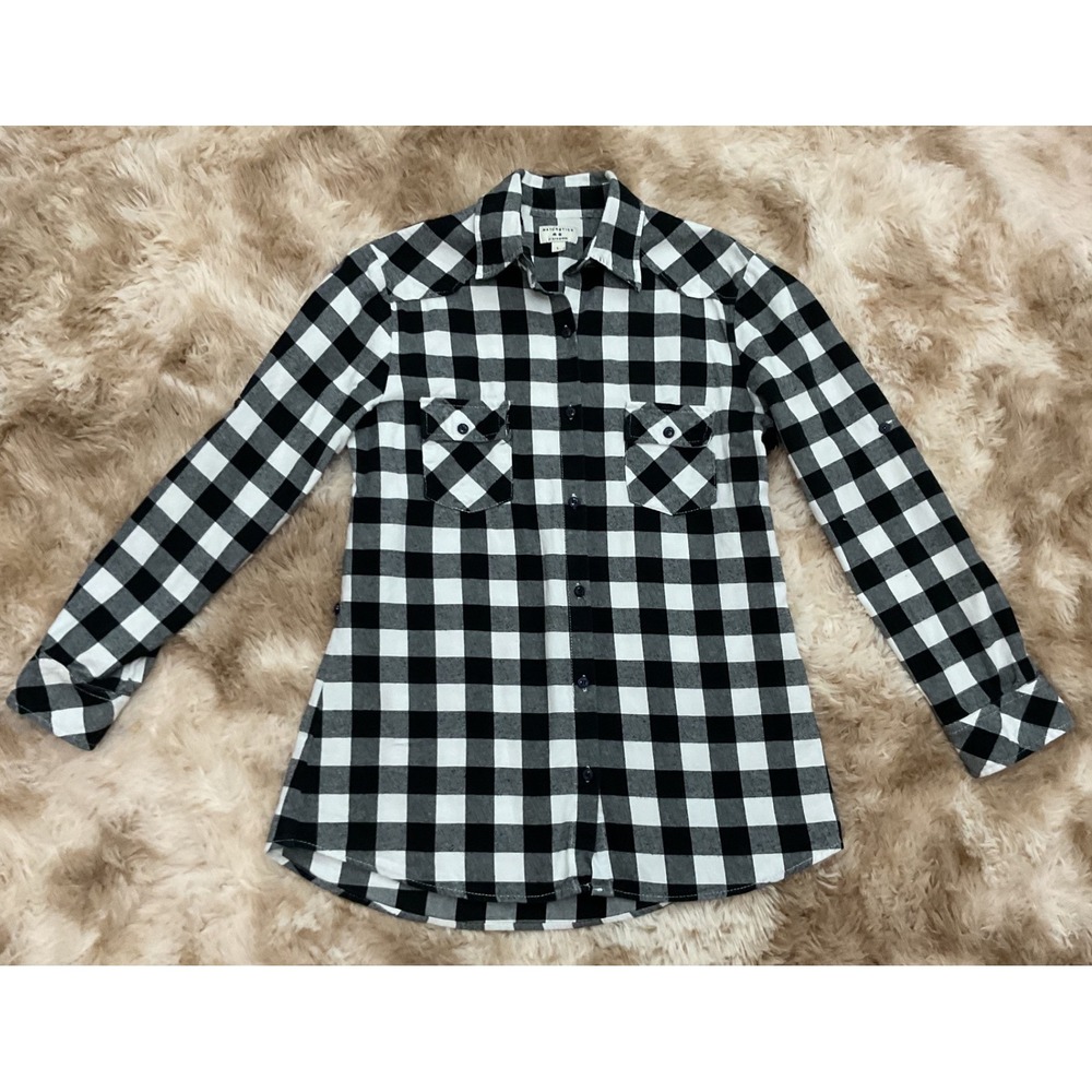 Matchstick Womens Black White Buffalo Plaid Flannel Roll Tab Western Shirt L